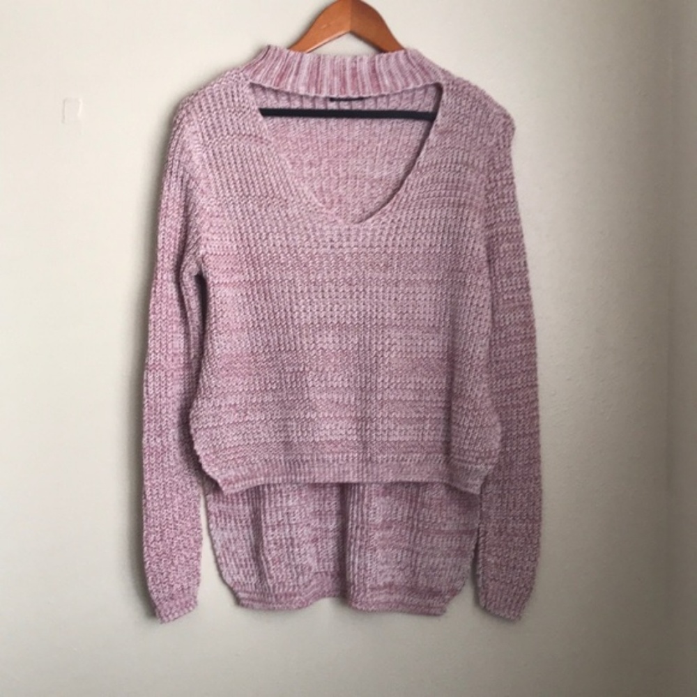 Boohoo Pink Marled Choker Neck Hi Low Sweater - Picture 2 of 7